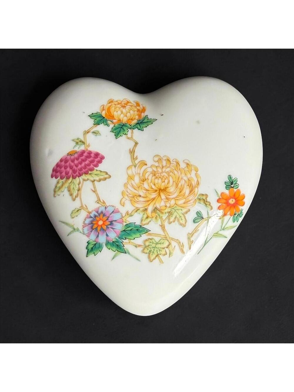 Vintage Ardco Japan Heart Shaped Trinket Box -Floral Porcelain Jewelry Dish -115